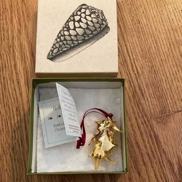 NEW 18k gold dipped real holly ornament original box